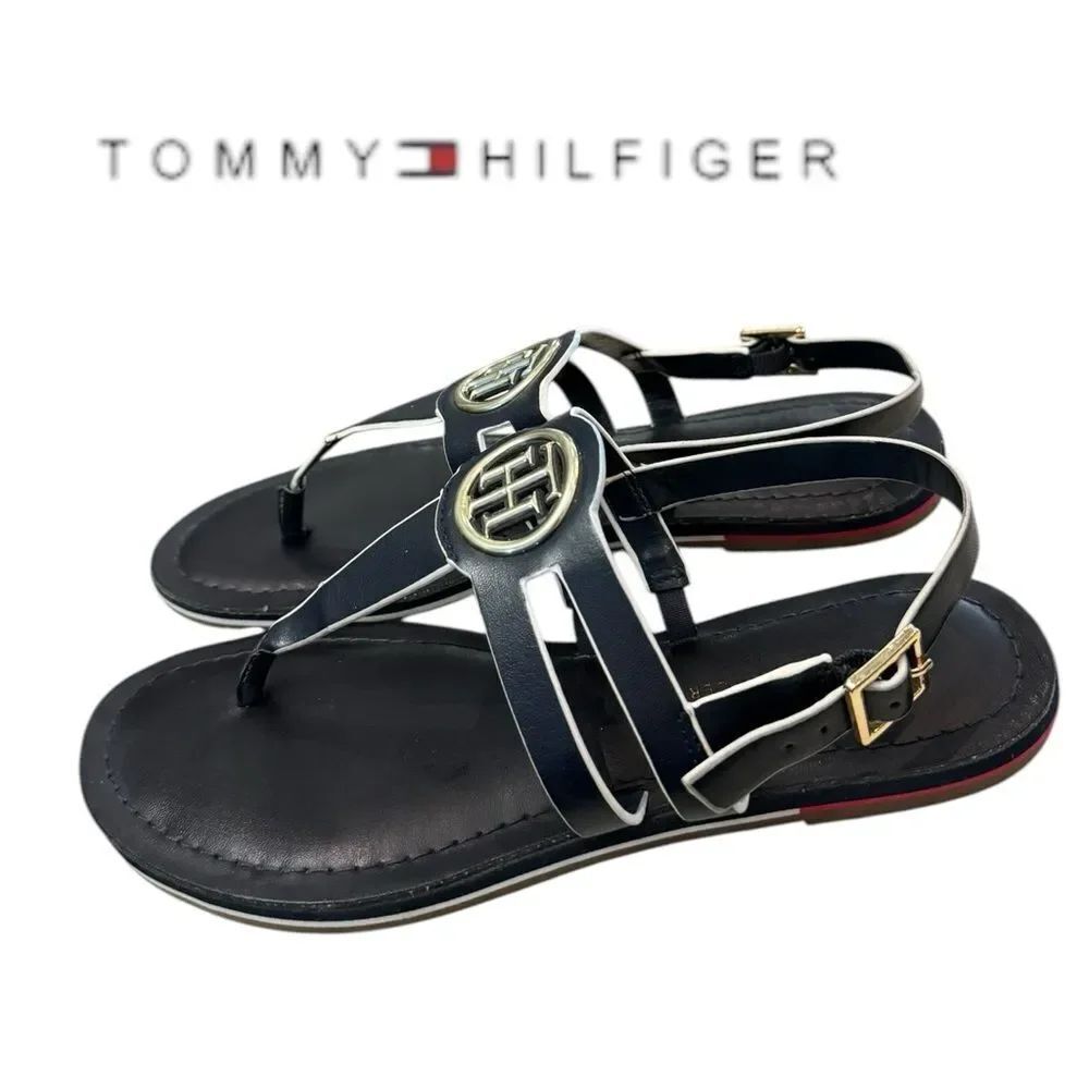 Tommy Hilfiger Navy Women's Silver Logo Adjustable Ankle Thong Sandals 6.5